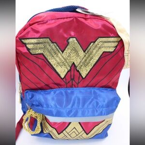 Wonder Woman Shinny Gold Glitter 16" Girls Backpack With Headband